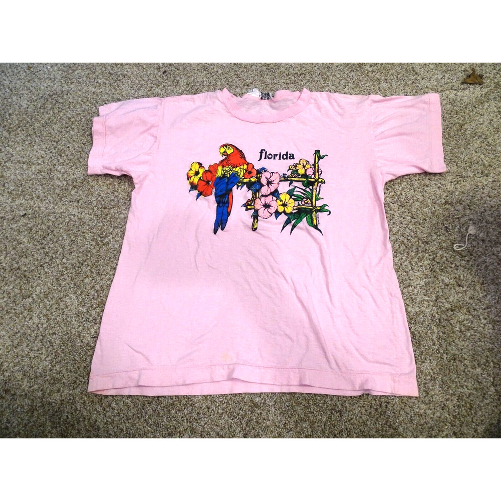 Vintage Single Stitch T-Shirt Parrot Florida Tropical Flowers Small/Med Pink